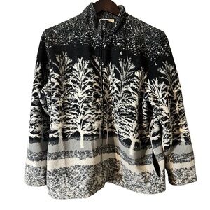 Tradition Women's Black White Grey Tree Pattern Fleece Zip-Up Jacket Sz L